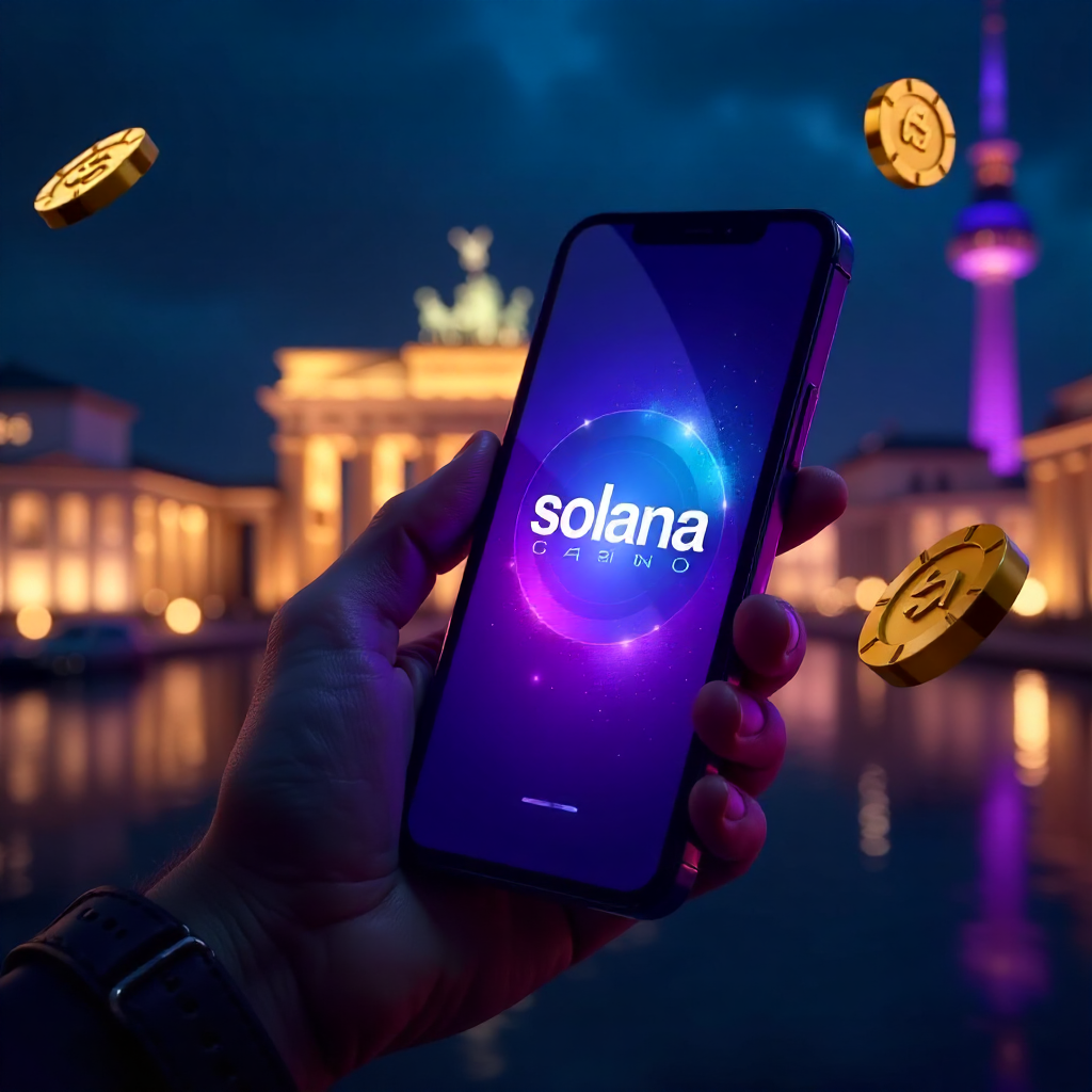 A hand holding a sleek futuristic smartphone displaying the official Solana Casino Germany app with a vibrant purple and cyan interface, background is the Berlin skyline with the Brandenburg Gate and TV Tower at night, 3D Solana logo coins and golden poke